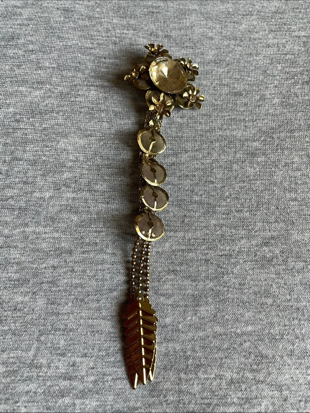Gold Floral Drop Brooch with Crystal Accent - Women Jewelry Brooches